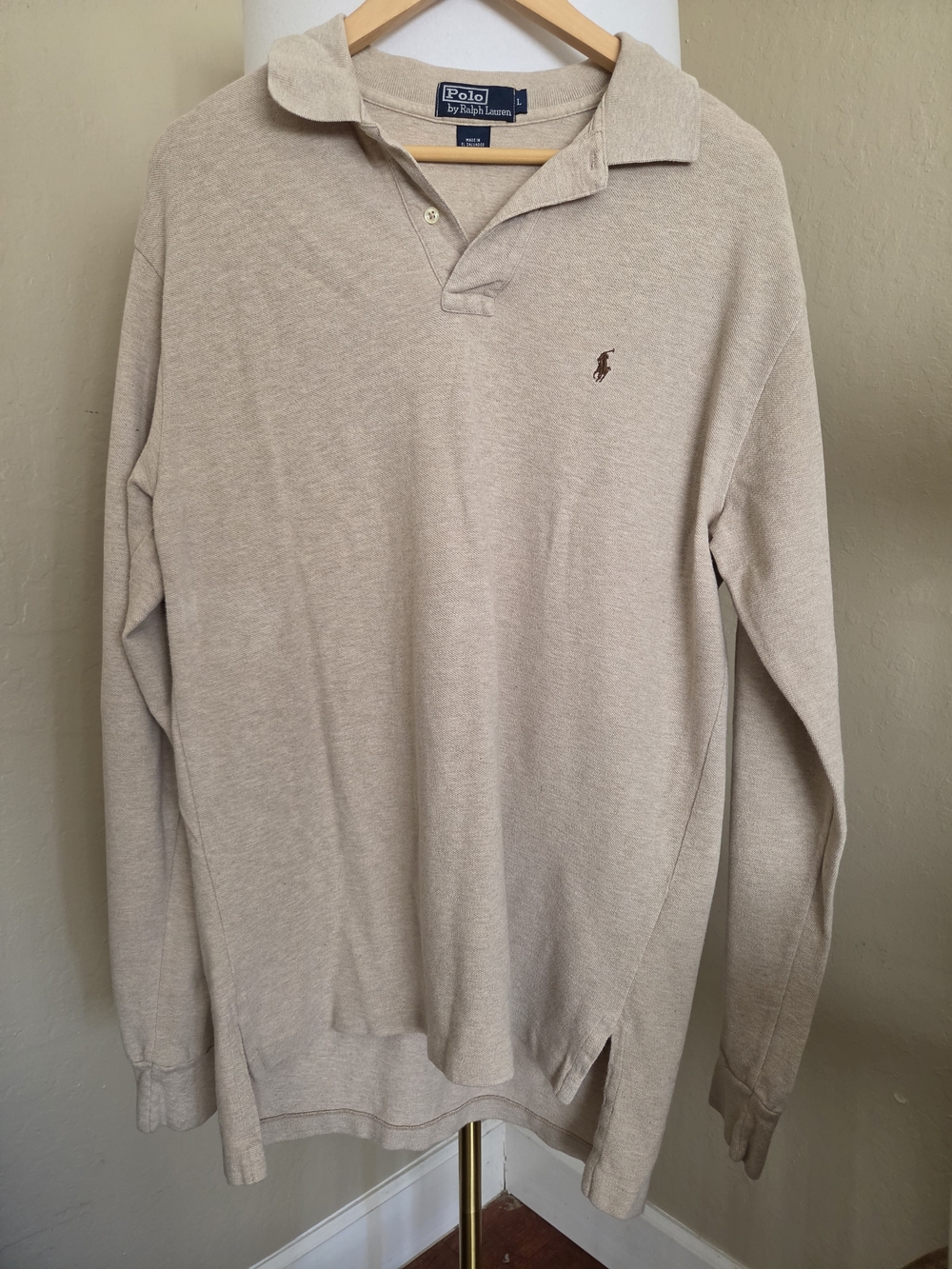 Polo Ralph Lauren Men's Long Sleeve Pique Polo Shirt Beige Tan Gold Logo Size L